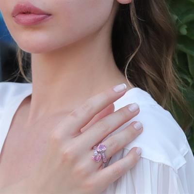 Pembe Zirkon Taşlı Sevgili Kalp Gümüş Yüzük