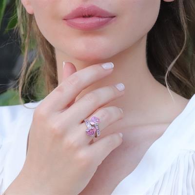 Pembe Zirkon Taşlı Sevgili Kalp Gümüş Yüzük