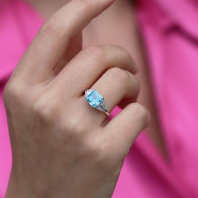 Prenses Kesim Aquamarine Taşlı Gümüş Yüzük