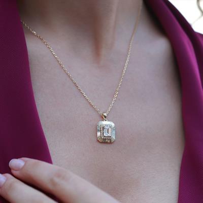 Radiant Kesim 1,25 Karat Zirkon Taşlı Elmas Model Gold Kaplama Gümüş Kolye