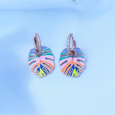 Rainbow Rose Gold Kaplama Mine İşli Yaprak Gümüş Küpe