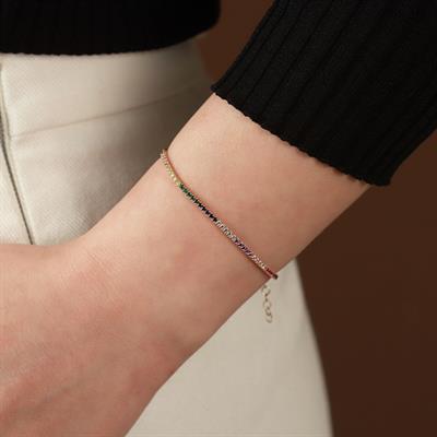 Rainbow Zirkon Taşlı Rose Gold Kaplama Gümüş Su Yolu Bileklik