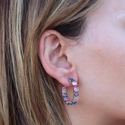 Renkli Baget Taşlı Halka Gümüş Küpe