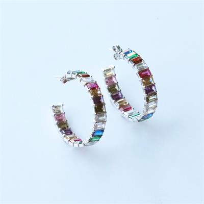 Renkli Baget Taşlı Halka Gümüş Küpe