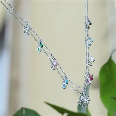 Renkli Damla Taşlı Kutup Yıldızı Detaylı Gümüş Trend Kolye