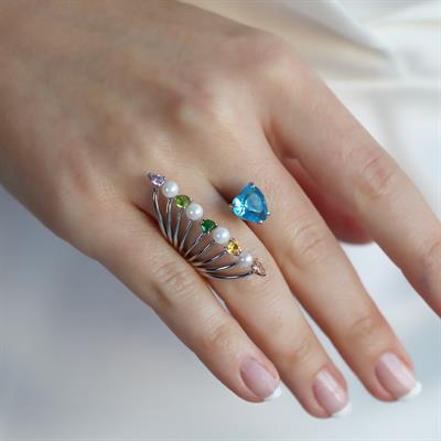 Renkli Kalp Taşlı İncili Gümüş Yüzük