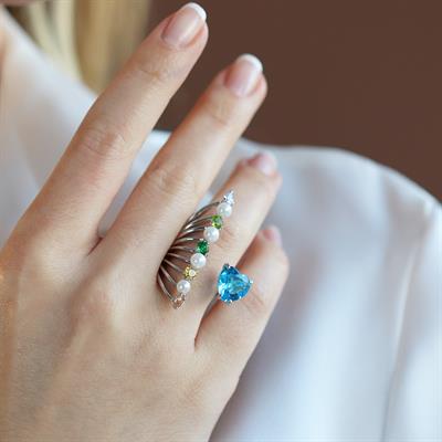 Renkli Kalp Taşlı İncili Gümüş Yüzük