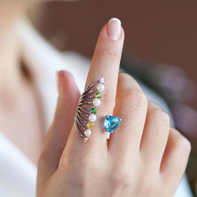 Renkli Kalp Taşlı İncili Gümüş Yüzük