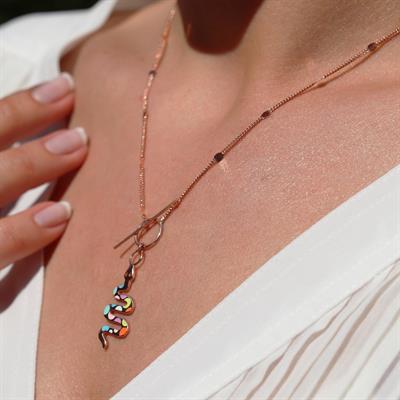Renkli Mine İşli Önden Klipsli Rose Gold Kaplama Yılan Gümüş Kolye
