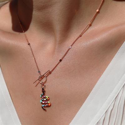 Renkli Mine İşli Önden Klipsli Rose Gold Kaplama Yılan Gümüş Kolye