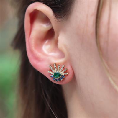 Renkli Taşlı Gold Kaplama Göz Gümüş Küpe