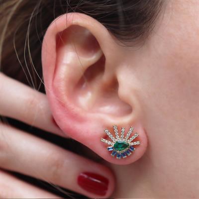 Renkli Taşlı Gold Kaplama Göz Gümüş Küpe