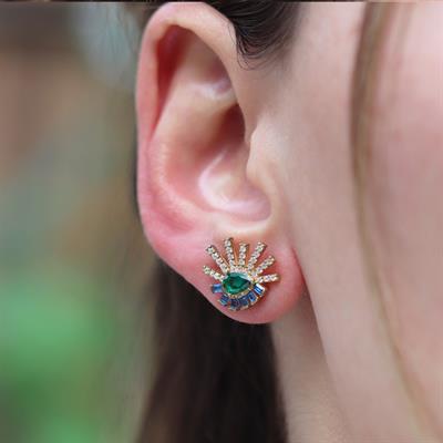 Renkli Taşlı Gold Kaplama Göz Gümüş Küpe