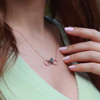 Renkli Zİrkon Taşlı Kelebek Detaylı Sonsuzluk Rose Gold Kaplama Gümüş Kolye