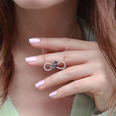 Renkli Zİrkon Taşlı Kelebek Detaylı Sonsuzluk Rose Gold Kaplama Gümüş Kolye