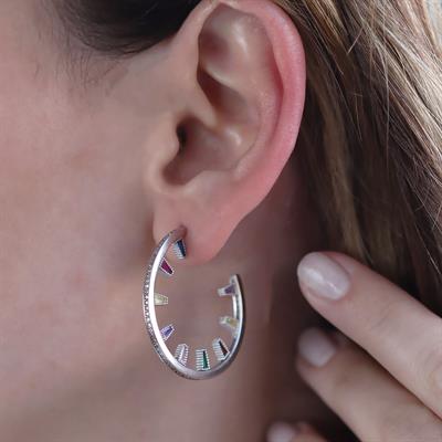 Renkli Zirkon Taş Detaylı Halka Gümüş Küpe