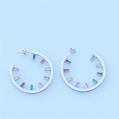 Renkli Zirkon Taş Detaylı Halka Gümüş Küpe