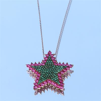 Renkli Zirkon Taşlı Alice Star Rose Gold Kaplama Gümüş Kolye