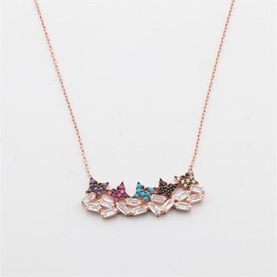 Renkli Zirkon Taşlı Baget Kelebek Modeli Rose Gold Kaplama Gümüş Kolye