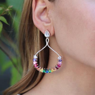 Renkli Zirkon Taşlı Damla Modeli Rose Gold Kaplama Gümüş Küpe