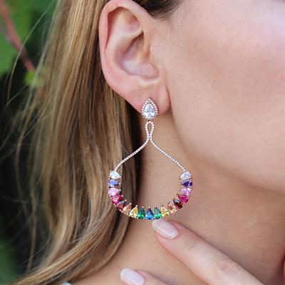 Renkli Zirkon Taşlı Damla Modeli Rose Gold Kaplama Gümüş Küpe