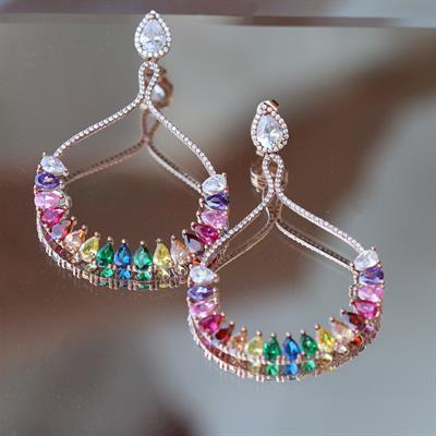 Renkli Zirkon Taşlı Damla Modeli Rose Gold Kaplama Gümüş Küpe