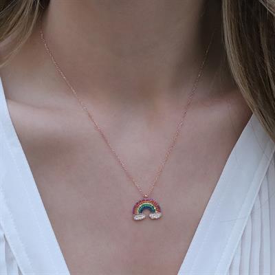 Renkli Zirkon Taşlı Gökkuşağı Rose Gold Kaplama Gümüş Kolye