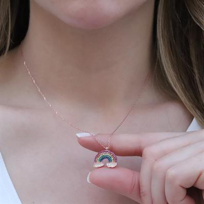 Renkli Zirkon Taşlı Gökkuşağı Rose Gold Kaplama Gümüş Kolye