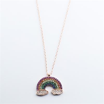 Renkli Zirkon Taşlı Gökkuşağı Rose Gold Kaplama Gümüş Kolye