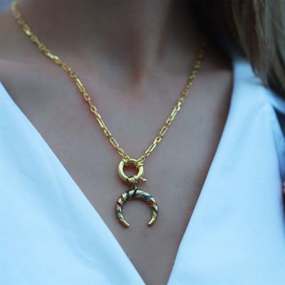 Renkli Zirkon Taşlı Hilal Modeli Önden Klipsli Gold Kaplama Zincir Gümüş Kolye