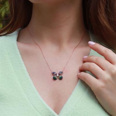 Renkli Zirkon Taşlı Kelebek Model Rose Gold Kaplama Gümüş Kolye