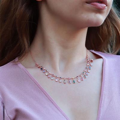 Renkli Zirkon Taşlı Rose Gold Kaplama Trend Gümüş Kolye