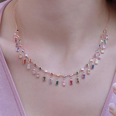 Renkli Zirkon Taşlı Rose Gold Kaplama Trend Gümüş Kolye
