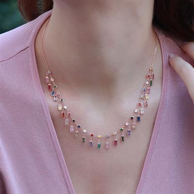 Renkli Zirkon Taşlı Rose Gold Kaplama Trend Gümüş Kolye