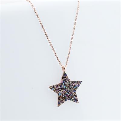 Renkli Zirkon Taşlı Rose Gold Kaplama Yıldız Gümüş Kolye