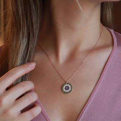 Renkli Zirkon Taşlı Yıldız Rose Gold Kaplama Gümüş Kolye