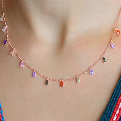 Rose Altın Kaplama Renkli Zirkon 925 Ayar Gümüş Trend Kolye