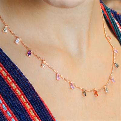 Rose Altın Kaplama Renkli Zirkon 925 Ayar Gümüş Trend Kolye