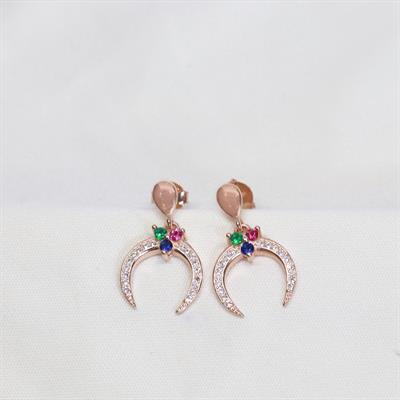 Rose Gold Kaplama Renkli Zirkon Taşlı Ay Modeli Gümüş Küpe