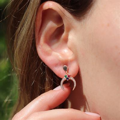 Rose Gold Kaplama Renkli Zirkon Taşlı Ay Modeli Gümüş Küpe