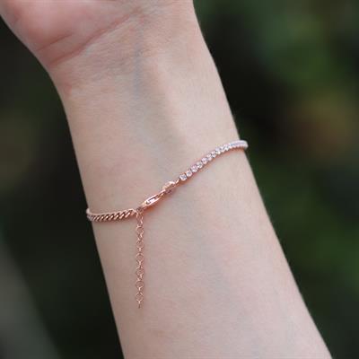 Rose Gold Kaplama Yarım Su Yolu Gurmet Zincirli Gümüş Bileklik