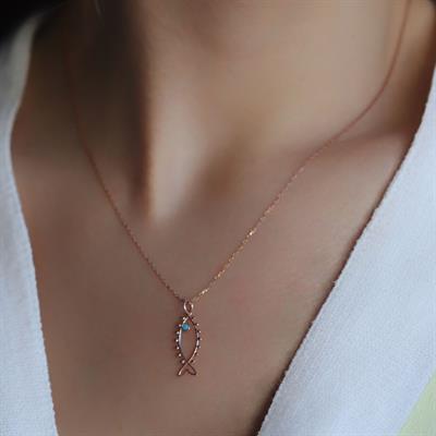 Rose Kaplama 925 Ayar Gümüş Balık Sembollü Firuze Taşlı Kolye