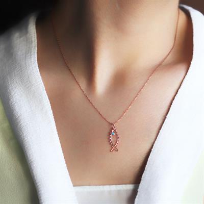 Rose Kaplama 925 Ayar Gümüş Balık Sembollü Firuze Taşlı Kolye