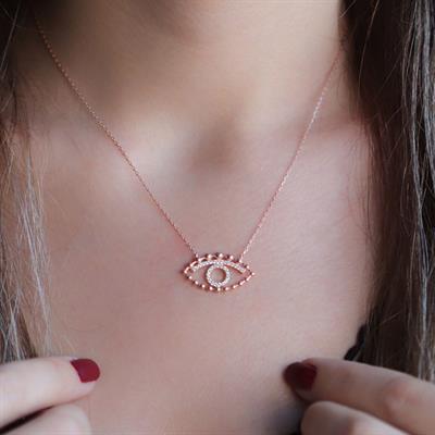 Rose Kaplama 925 Ayar Gümüş Zirkon Taşlı Göz Sembollü Kolye