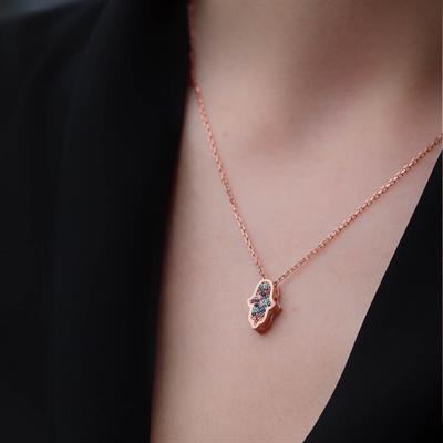 Rosegold Kaplama Çift Taraflı Fatma Ana Eli içi Zirkon Taşlı 925 Ayar Gümüş Kolye