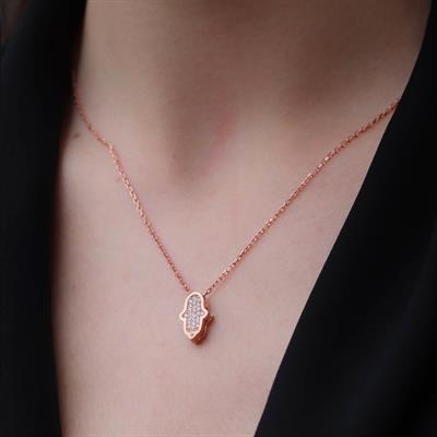 Rosegold Kaplama Çift Taraflı Fatma Ana Eli içi Zirkon Taşlı 925 Ayar Gümüş Kolye
