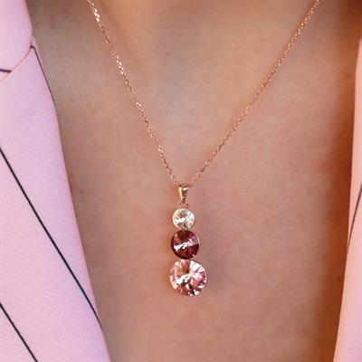 Round Kesim 3 Taşlı Rose Gold Kaplama Gümüş Kolye