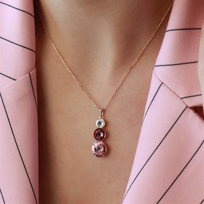 Round Kesim 3 Taşlı Rose Gold Kaplama Gümüş Kolye