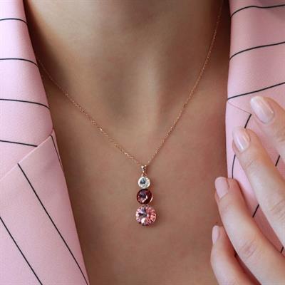 Round Kesim 3 Taşlı Rose Gold Kaplama Gümüş Kolye