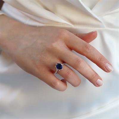 Safir Taşlı Elips Lotus Çiçeği Gümüş Yüzük